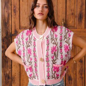 SO ME Button Front Floral and Stripe Knitted Sweater Vest